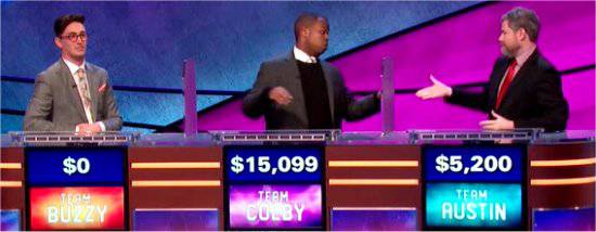 Final Jeopardy (3/1/2019) Buzzy Cohen, Colby Burnett, Austin Rogers